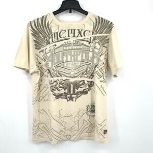 Vintage 2000s Y2K Southpole T-Shirt Cream Metallic Skate Goth Punk Men’s Size XL